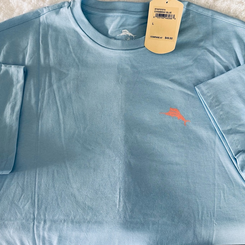 Tommy Bahama men’s LIVE THE ISLAND LIFE Chambray Blue T-shirt Size L - Picture 2 of 4